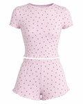 Heart Print Ribbed Knit Top and Shorts Lounge Set