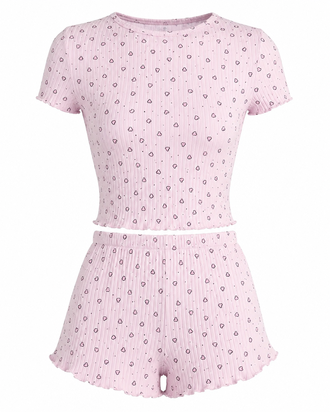 Heart Print Ribbed Knit Top and Shorts Lounge Set