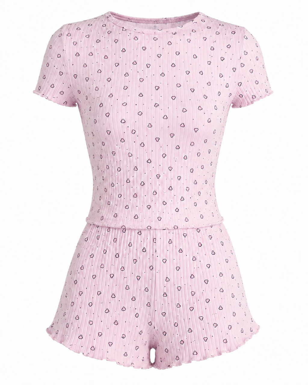 Heart Print Ribbed Knit Top and Shorts Lounge Set