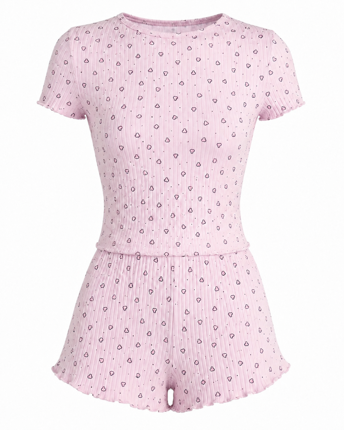 Heart Print Ribbed Knit Top and Shorts Lounge Set