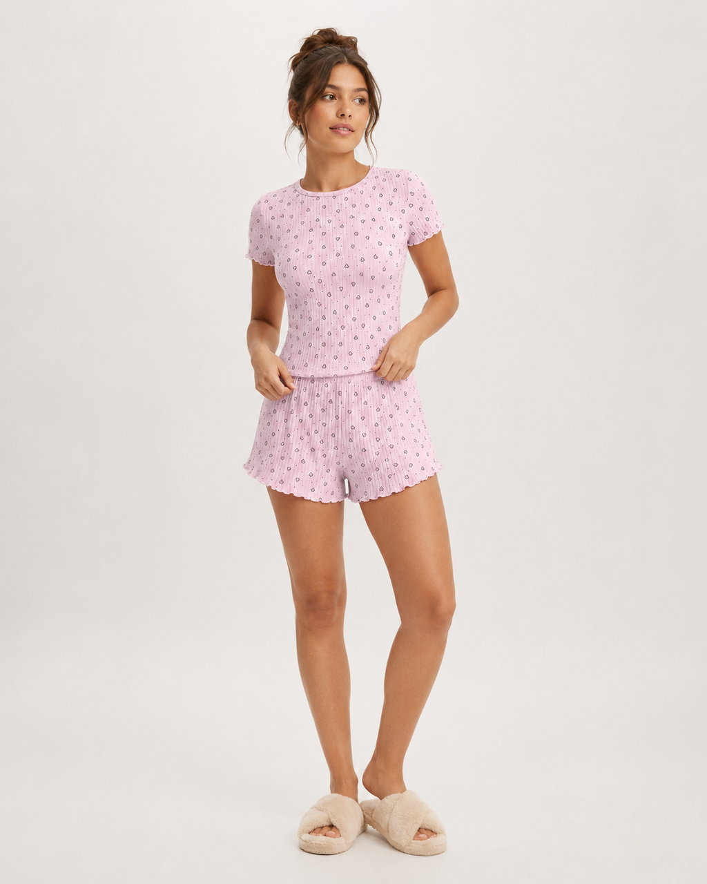 Heart Print Ribbed Knit Top and Shorts Lounge Set