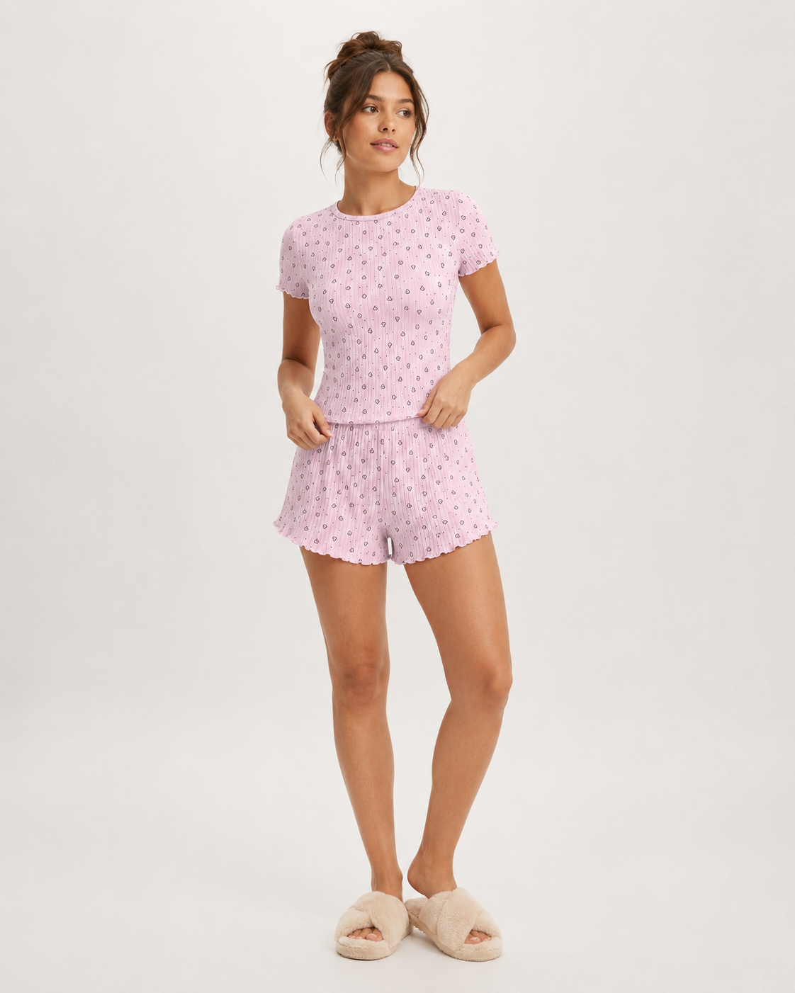 Heart Print Ribbed Knit Top and Shorts Lounge Set