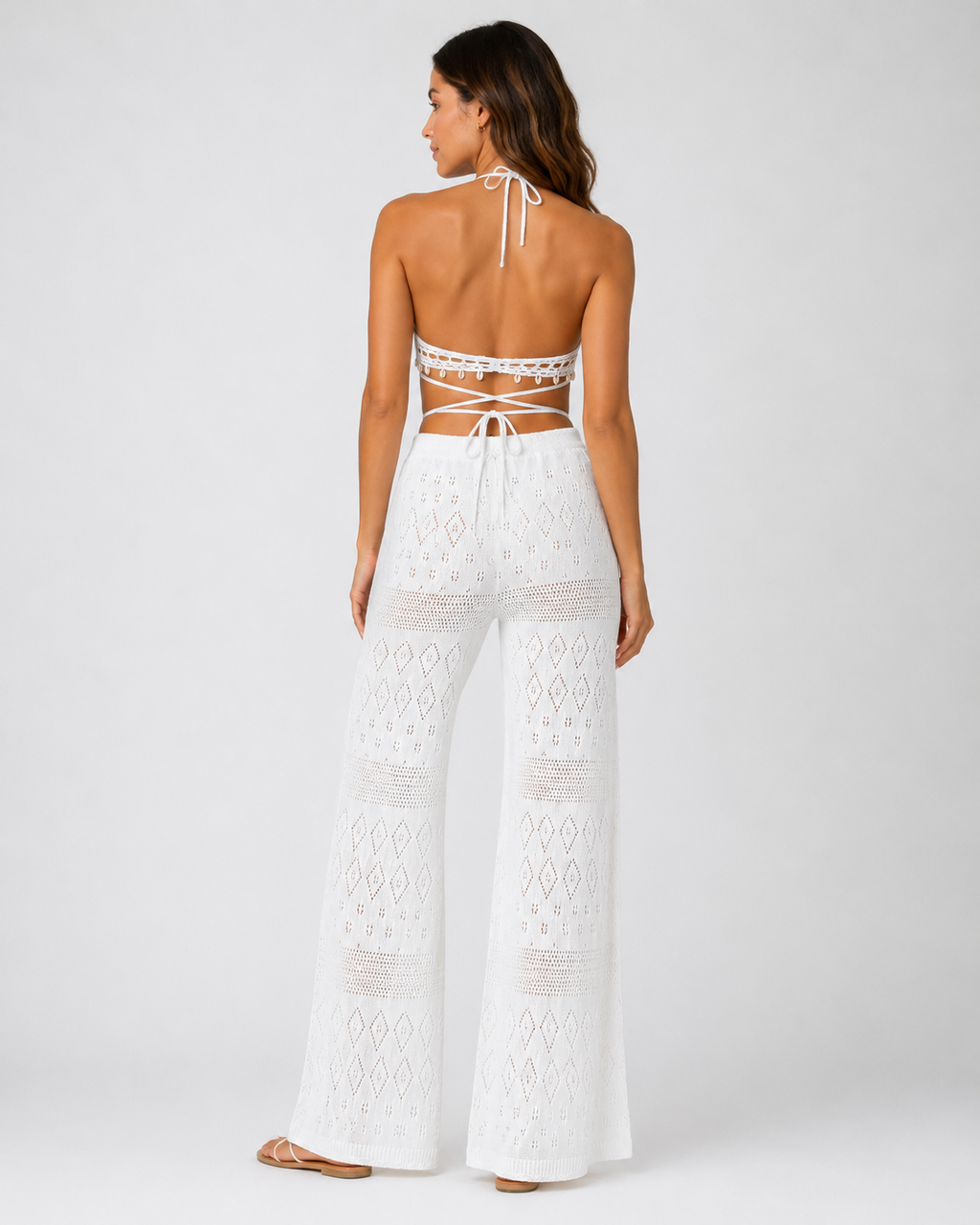 Crochet Knit Halter Neck Top and Wide Leg Pants Set