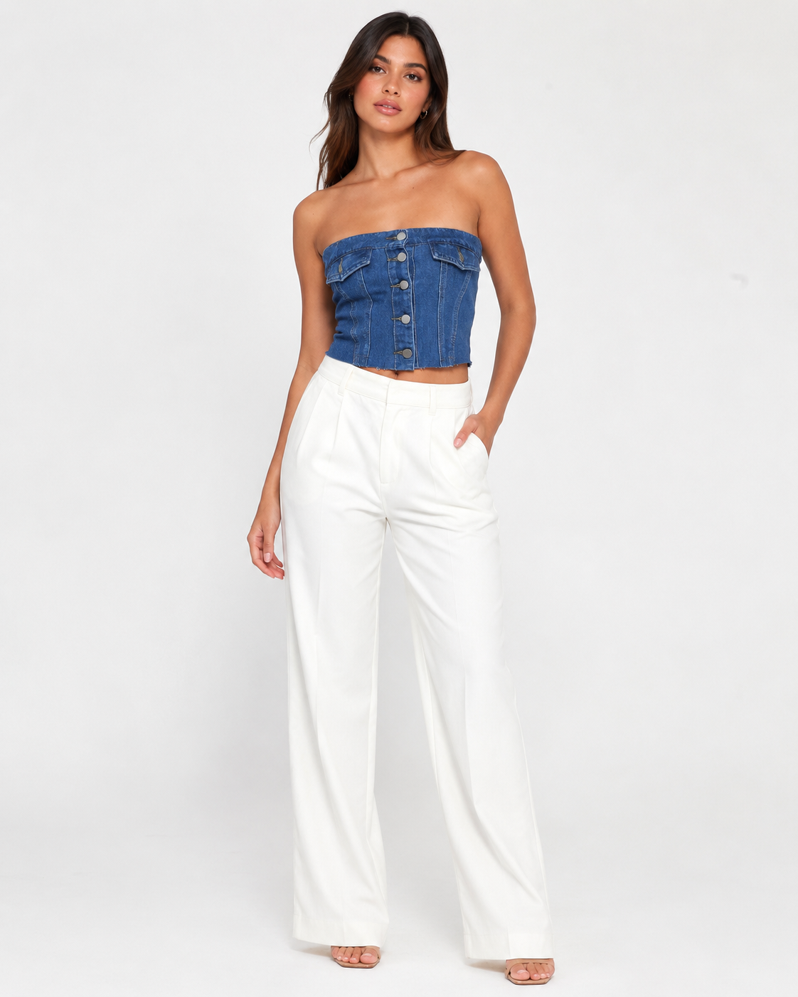 Button Front Denim Tube Top