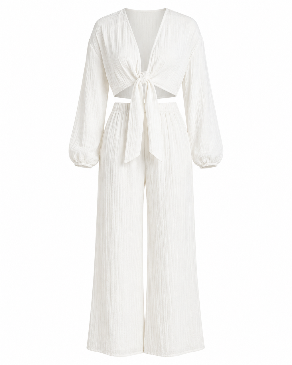 Textured Tie-Front Crop Top and Wide Leg Pants Set