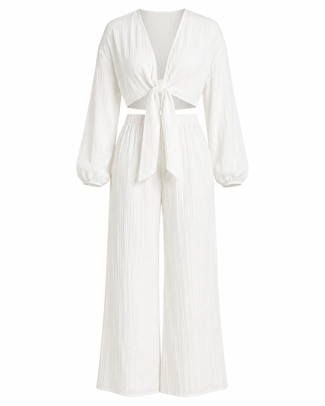 Textured Tie-Front Crop Top and Wide Leg Pants Set