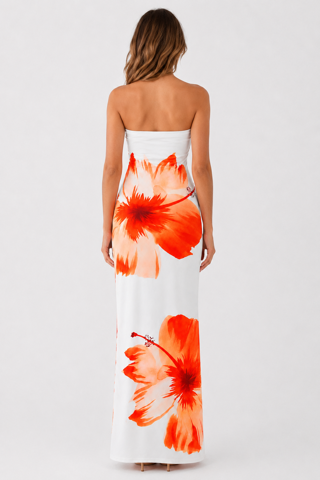 Orange Floral Strapless Maxi Dress
